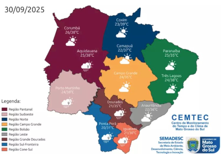 Setembro fecha com calor de 39°C e chance de chuva em Mato Grosso do Sul
